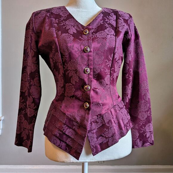 Vintage 90s Be Smart Burgundy Blazer Jacket Asymmetrical Dark Academia Size 3/4 - Picture 3 of 12